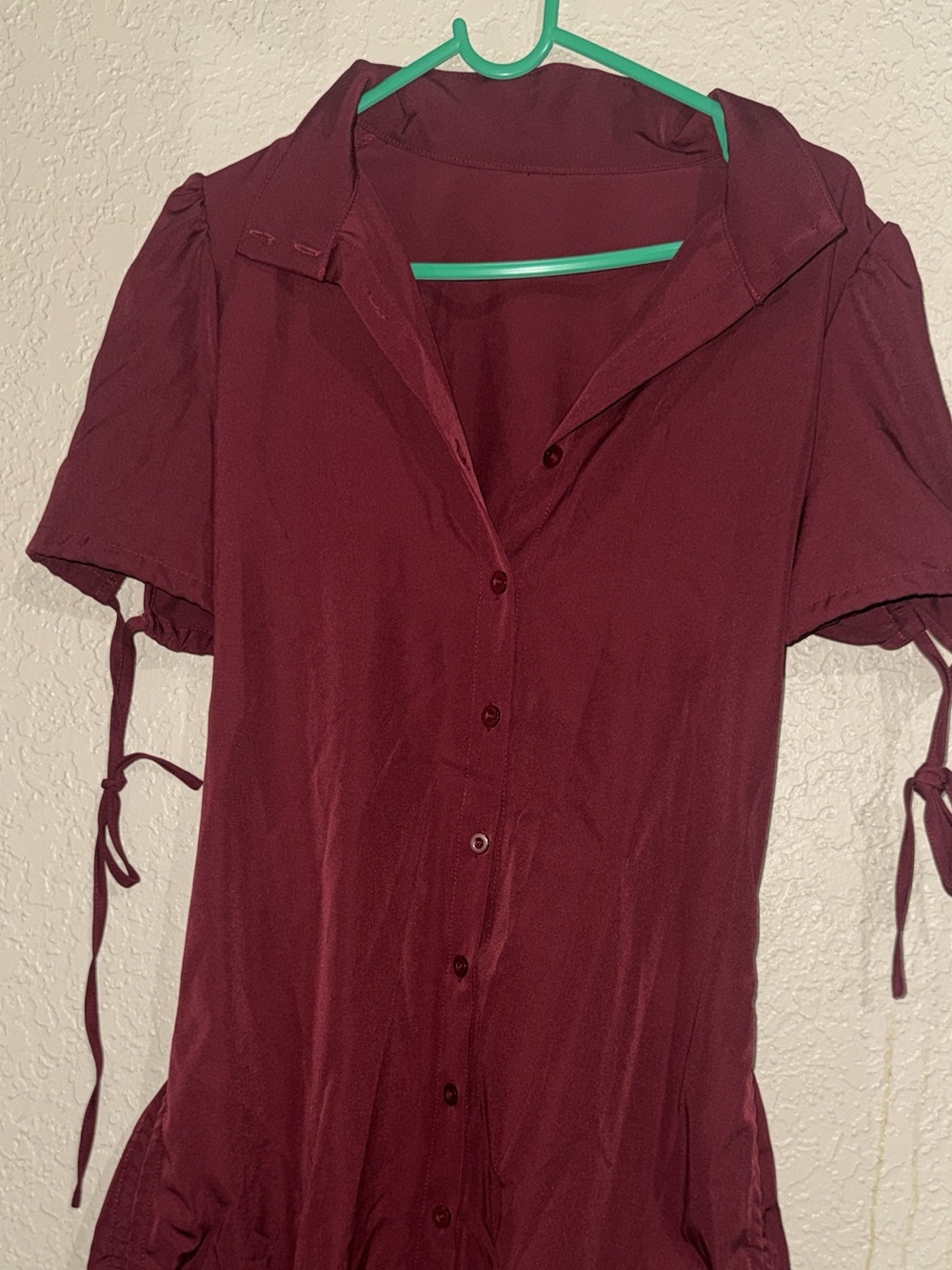 Women's Maroon Button-Front Short Sleeve Shirt Dress